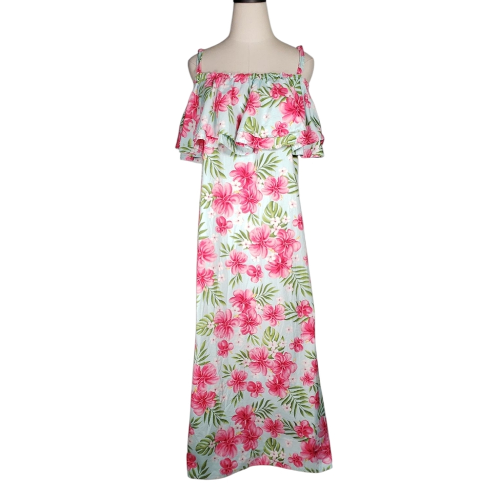 Hawaiian Muumu Maxi Tiki Tropical Polynesian Double Ruffle Off Shoulder Vacay M